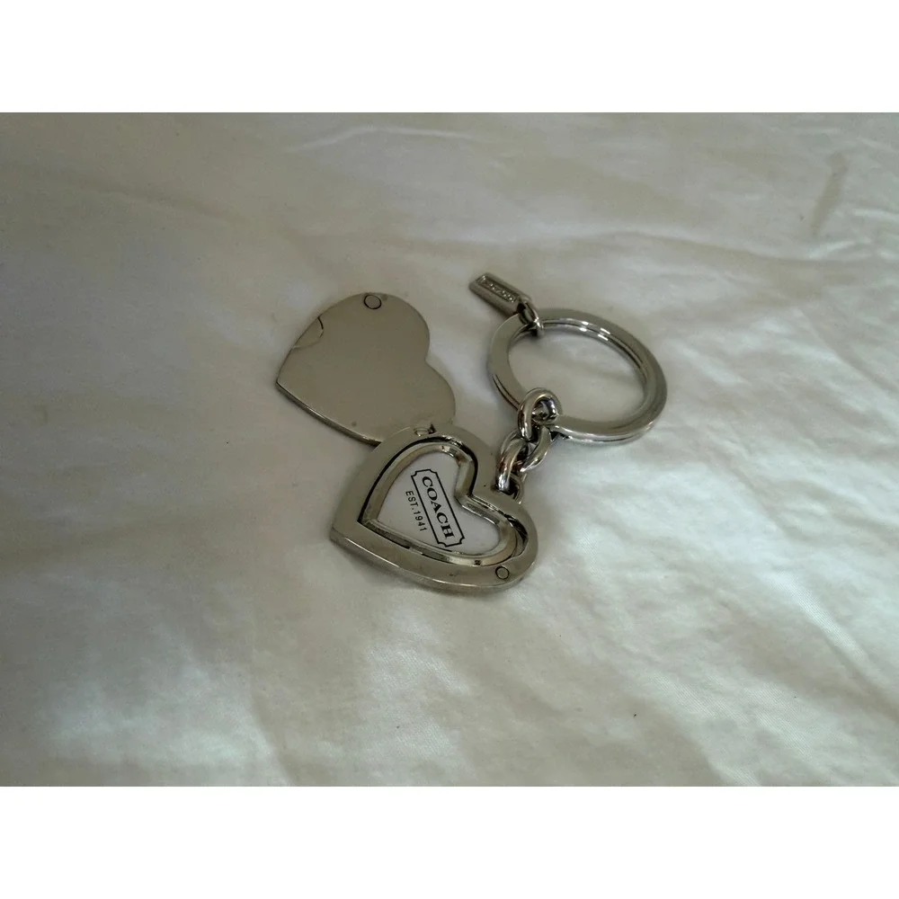 Coach Silver Heart Locket Keychain Crystal C Logo Bag Charm